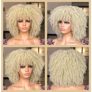 Afro Curly Short Wig With Bangs Blonde